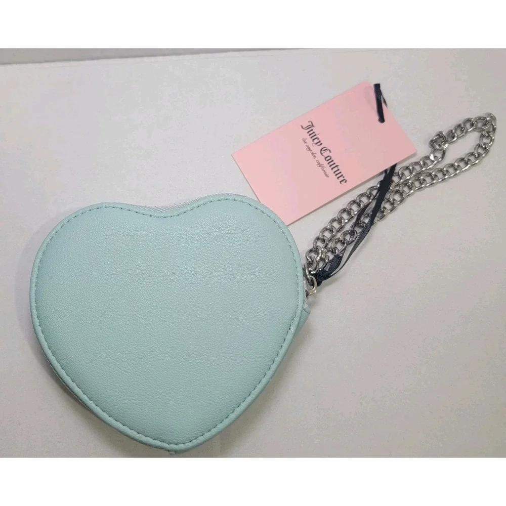 Juicy Couture Heart Zip Around Wristlet Silver Chain Pastel Turquois Rhinestones